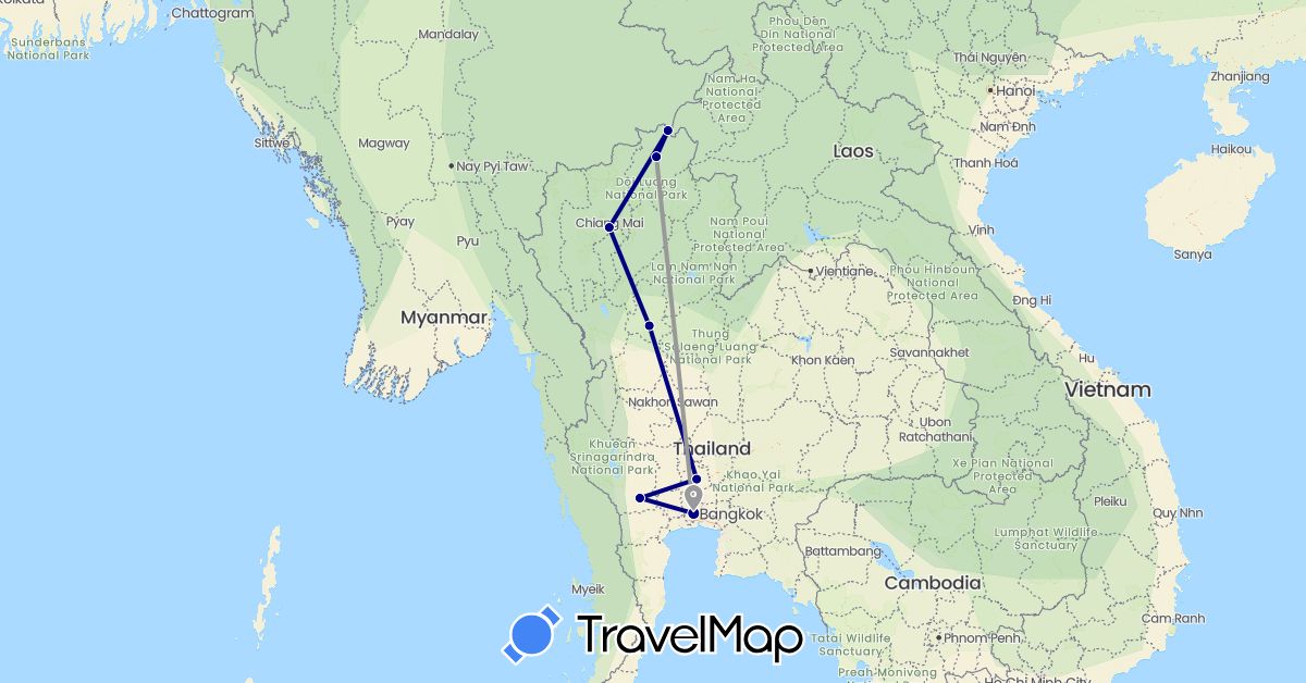 TravelMap itinerary: driving, plane, hiking in Thailand (Asia)